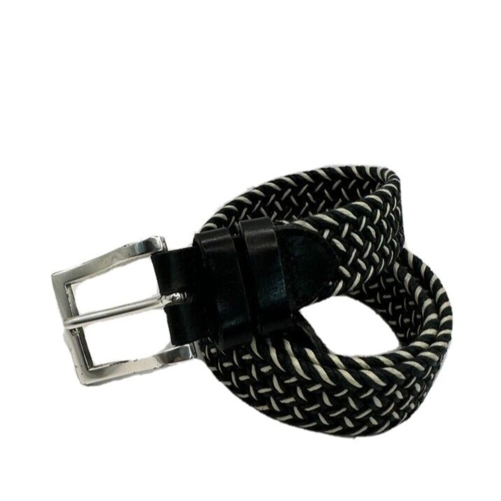 Belt Mens Small Black White Leather Cotton Woven Plait Braided Silver Buckle